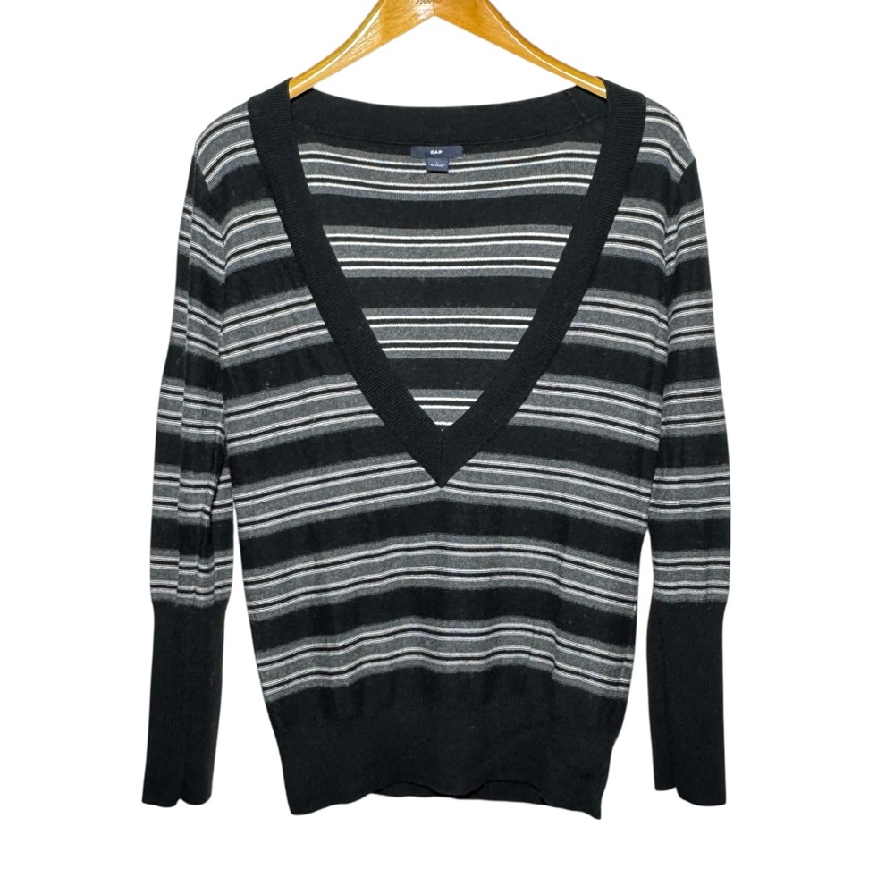 GAP Black & Gray Striped V-Neck Sweater